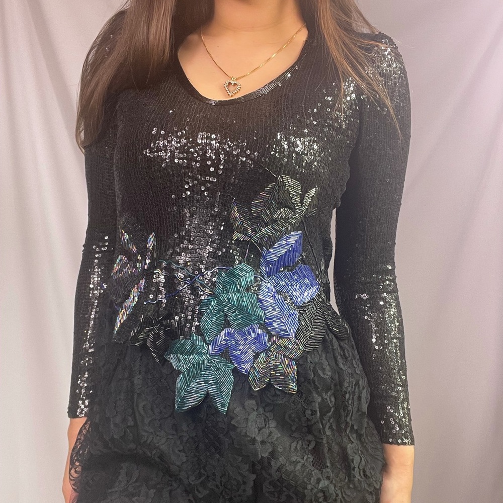 Vintage handmade 80s sequin and beaded knee length long sleeve 1980s disco dress